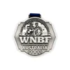 客製化健美賽事仿古銀獎牌 WNBF Australia 亞軍款，同模具金銀名次組，3D 浮雕健美選手圖樣，藍色織帶